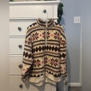 Aerie Cream and Brown Fuzzy Pullover
